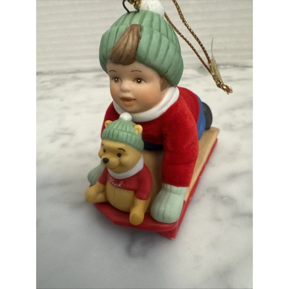 Disney Ashton Drake ornament Hold on Pooh sled ceramic and felt boy sledding‎